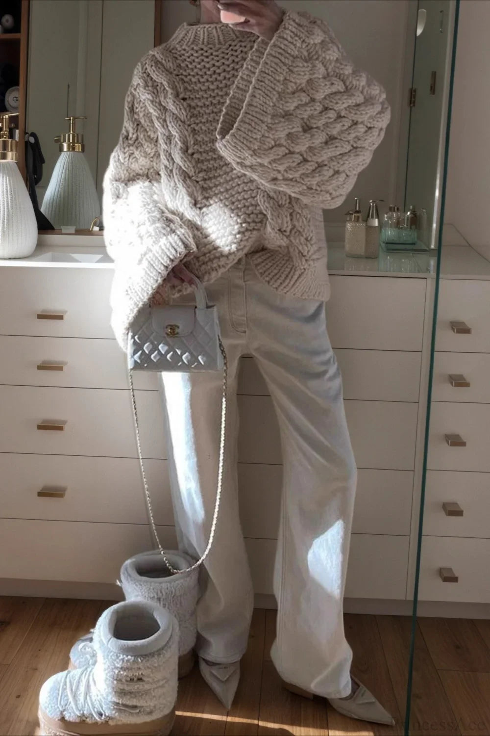 Vintage Stylish Crewneck Bell Sleeve Loose Sweater