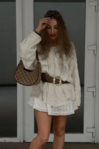 Vintage V-neck Loose Mid-length Cable Knit Long Sleeve Sweater