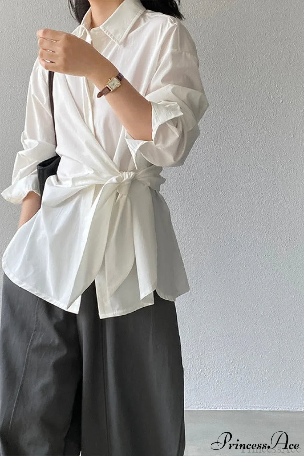 Waist Collared Mid-Length Office Blouse