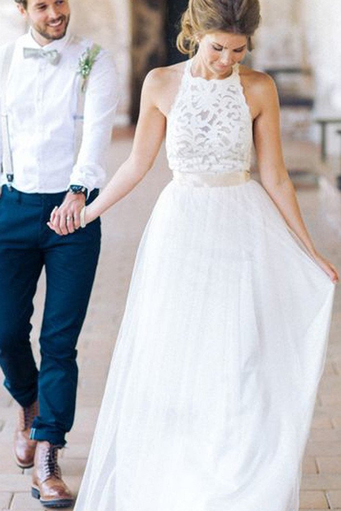 Halter Lace Long Sheath Beach Wedding Dresses Bridal Dresses