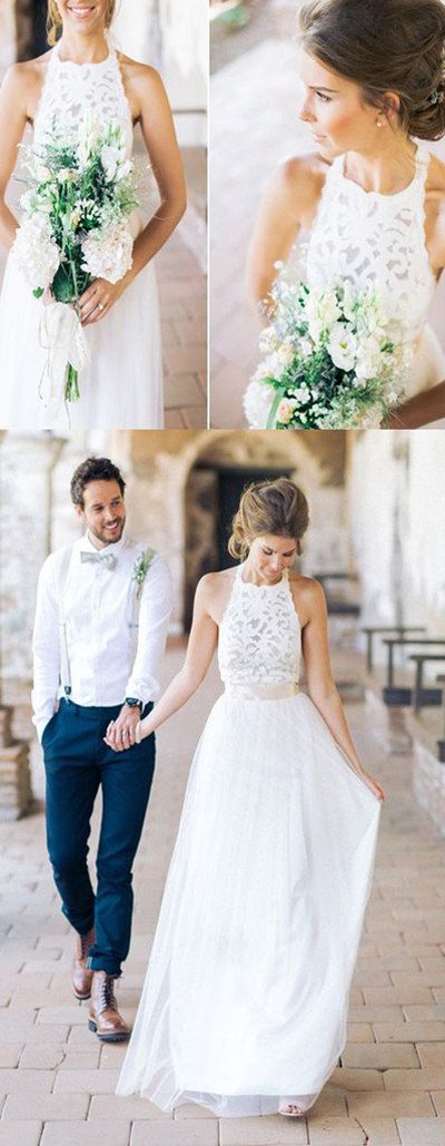 Halter Lace Long Sheath Beach Wedding Dresses Bridal Dresses