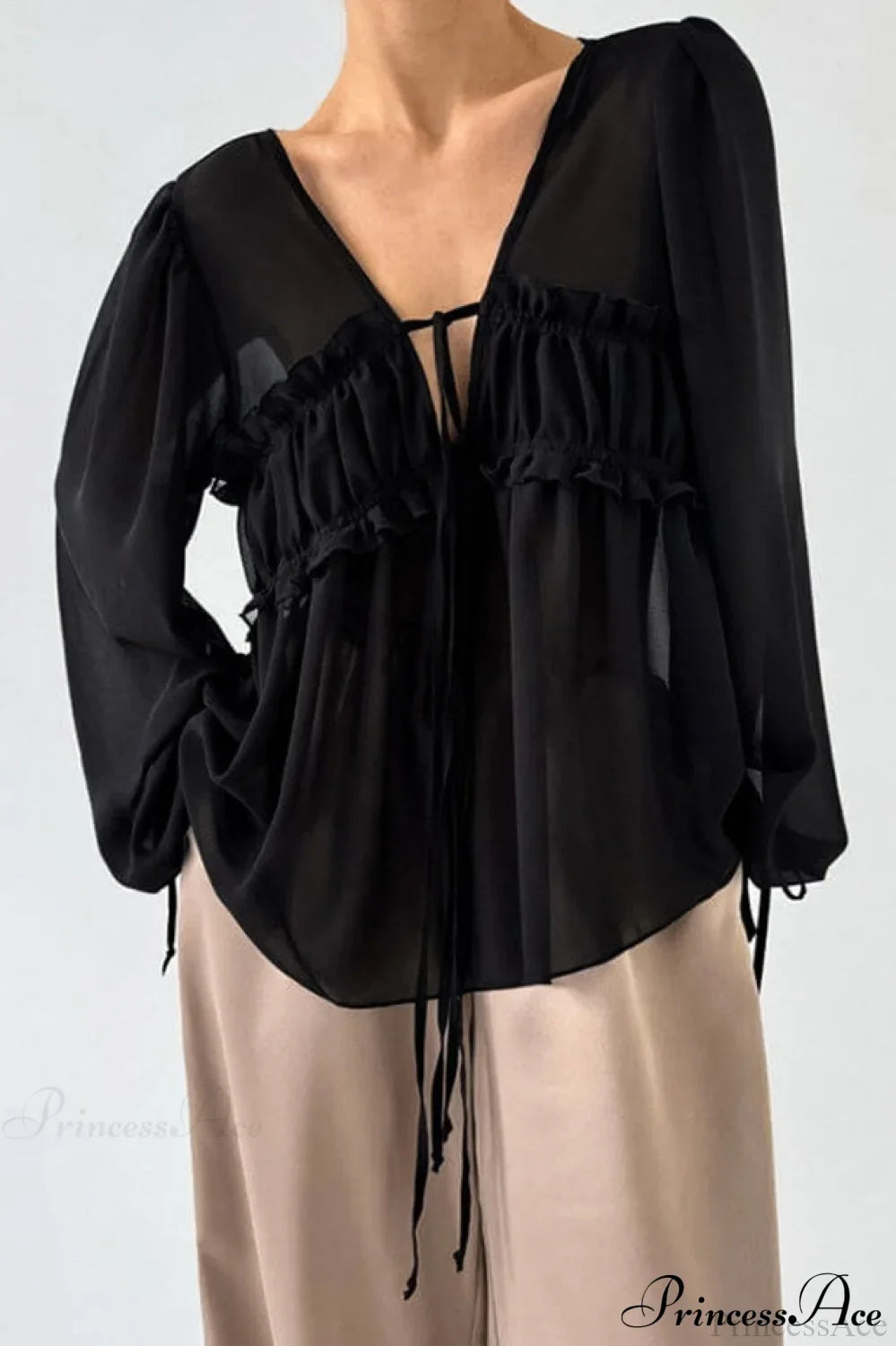 White Chiffon Ruffled Tie V Neck Blouse