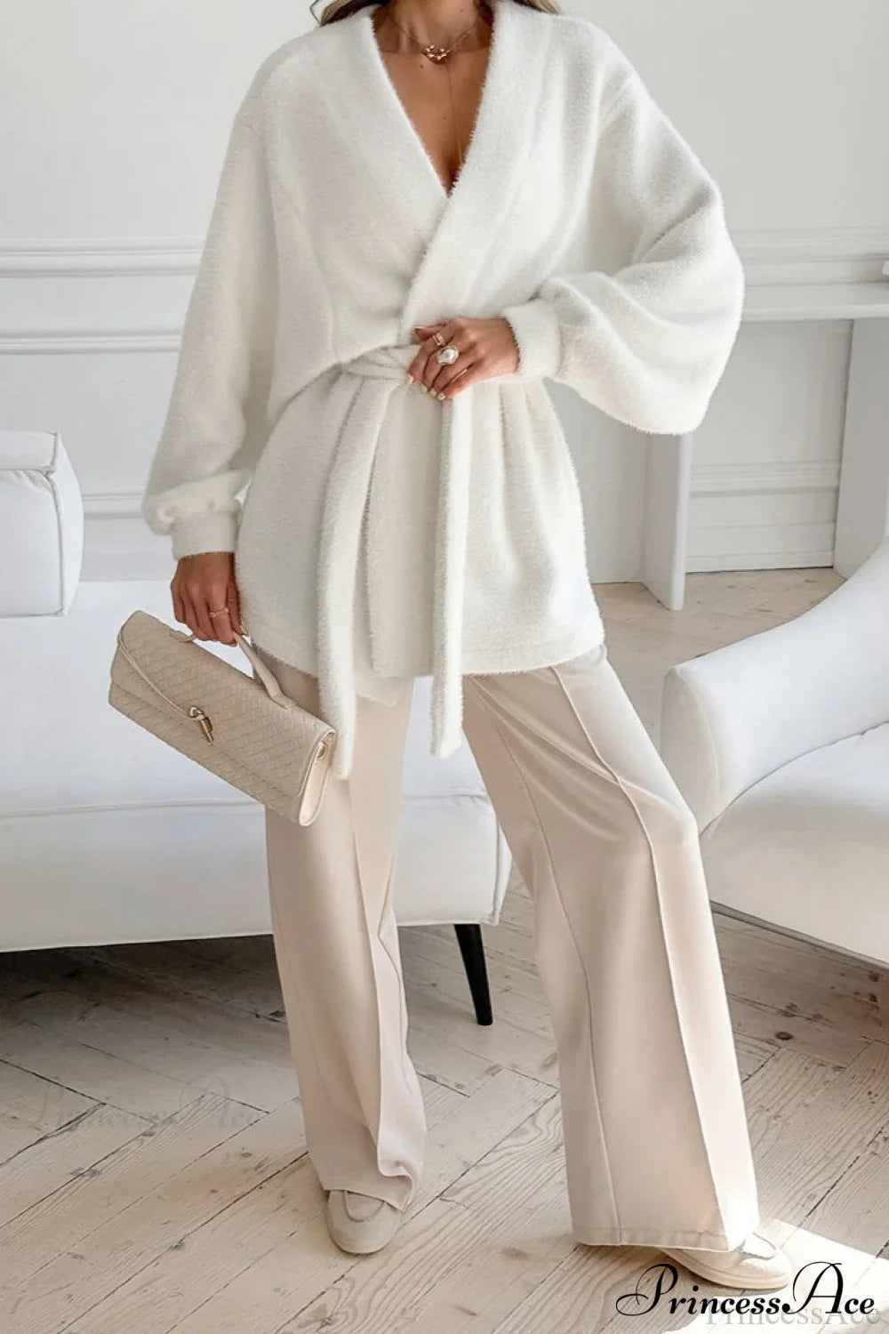 White Faux Fur Thickened Midi Elegant Coat