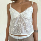 White Jacquard Floral Lace Trim V Neck Kawaii Fairycore 00s Y2K Camisole Crop Top