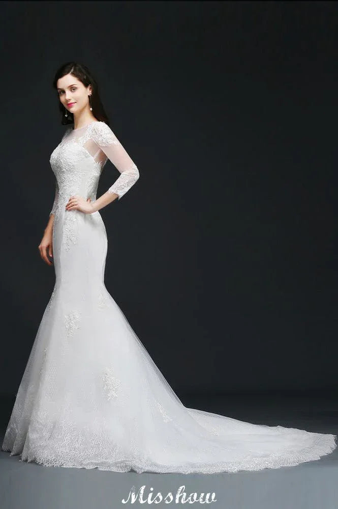 Weißes Meerjungfrauen-Hochzeitskleid aus Spitze mit Juwelen