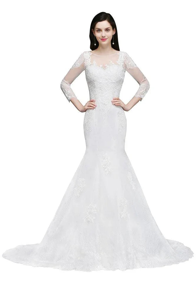 Weißes Meerjungfrauen-Hochzeitskleid aus Spitze mit Juwelen
