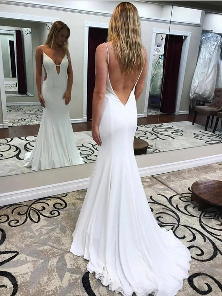 Lomg Mermaid V Neck Backless Wedding Dresses with Sweep Train