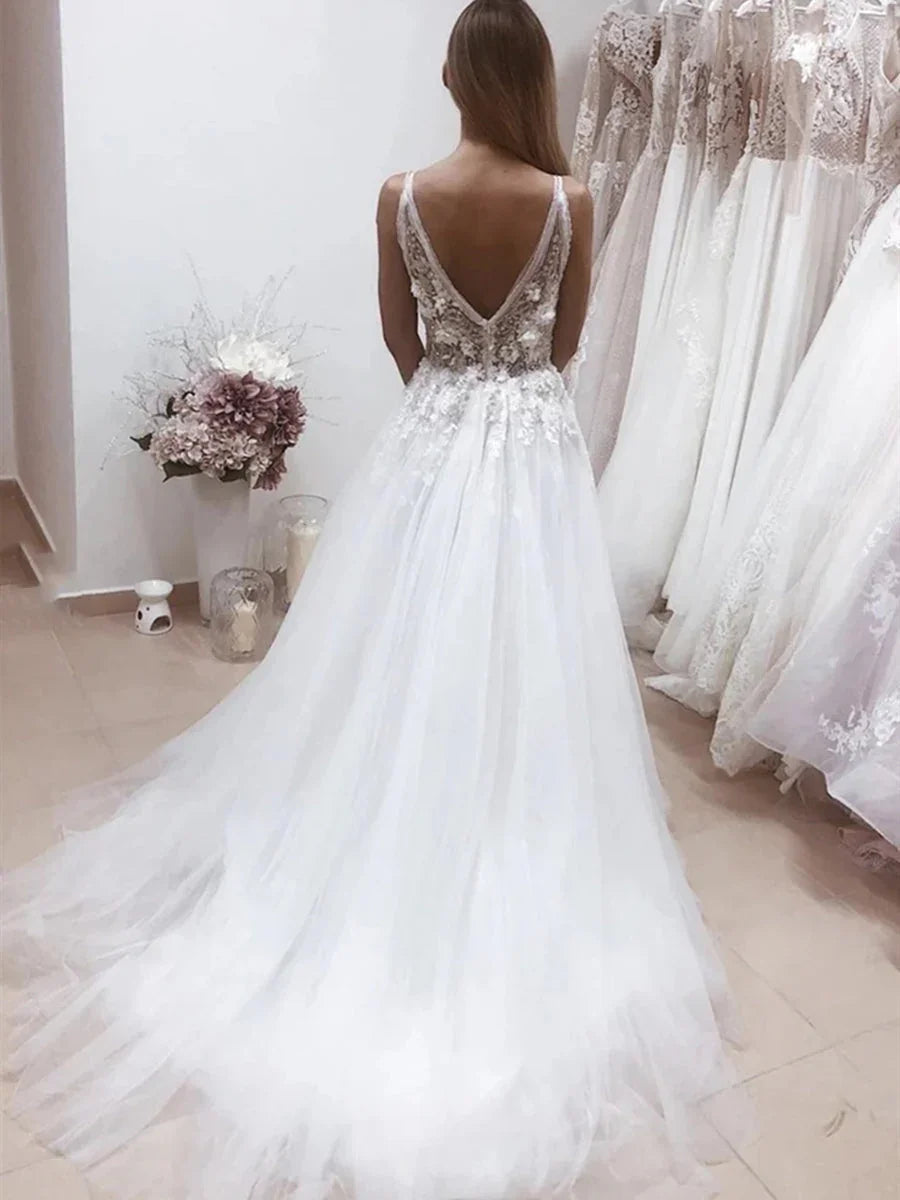 Long A-line V Neck Backless Lace Appliques Wedding Dresses