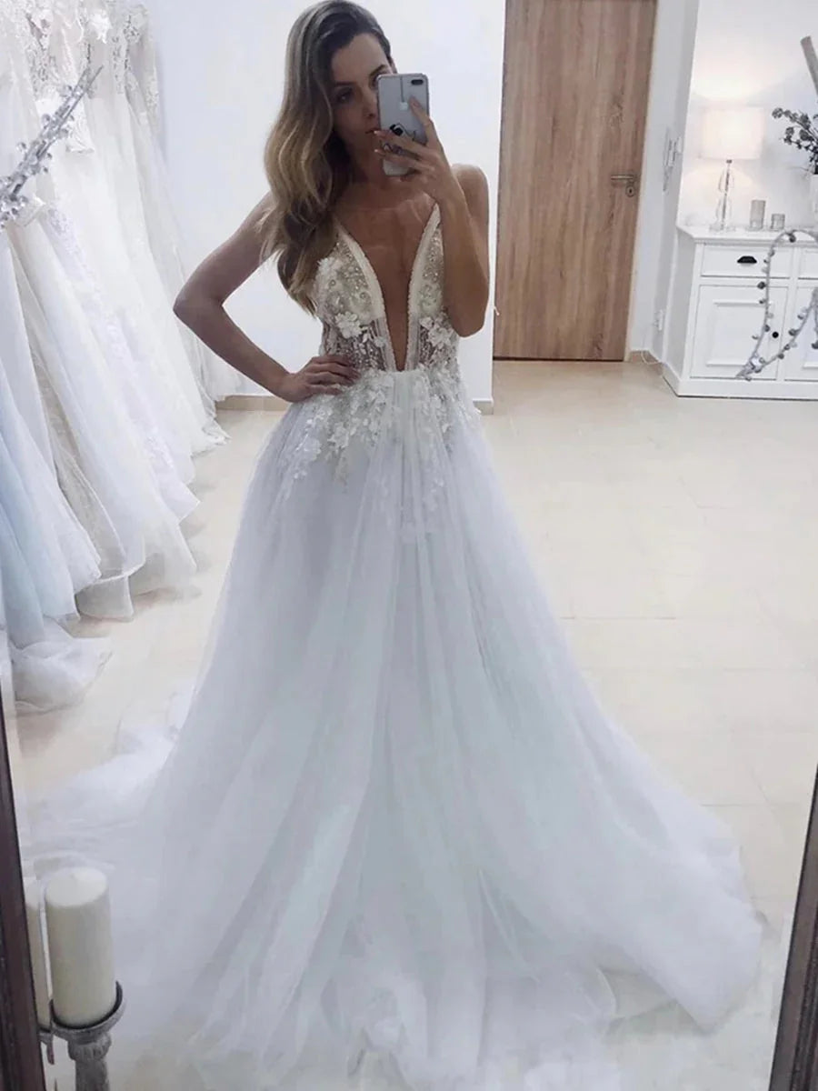 Long A-line V Neck Backless Lace Appliques Wedding Dresses