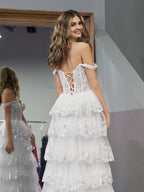 Princess A Line Off the Shoulder White Corset Prom Dress with Lace Ruffles