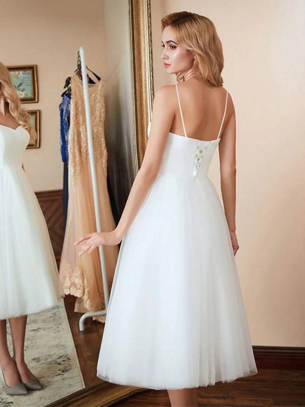 Kurze A-Linie Sweetheart Tüll Teelange Brautkleider