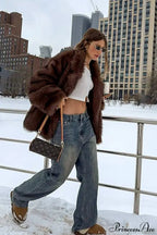 White Tip-Dyed Faux Fox Fur Mid-Length Coat