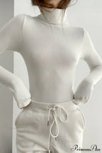 White Turtleneck Slim Knit Long Sleeve Tee