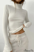White Turtleneck Slim Knit Long Sleeve Tee