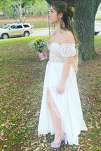 Schulterfreies, A-Linien-Abendkleid aus Chiffon mit Applikationen und Schnürung 