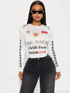 Winter Motor Style Letter Print Cyber Slim Knit Top