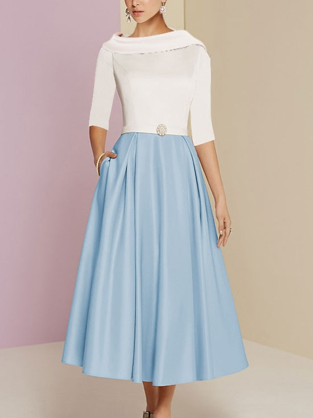 A-Linien-/Prinzessinnen-Kleid mit Rundhalsausschnitt, halben Ärmeln, Teelänge, Taschen und Falten für die Mutter der Braut 
