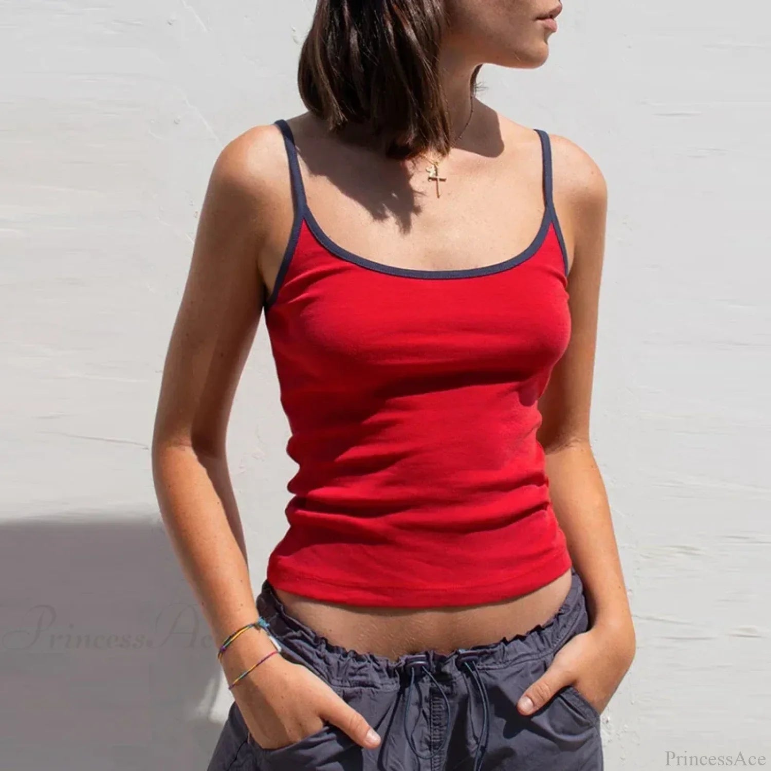 Y2K Cute Contrast Trim Spaghetti Strap Vintage Aesthetic Cottage Crop Top