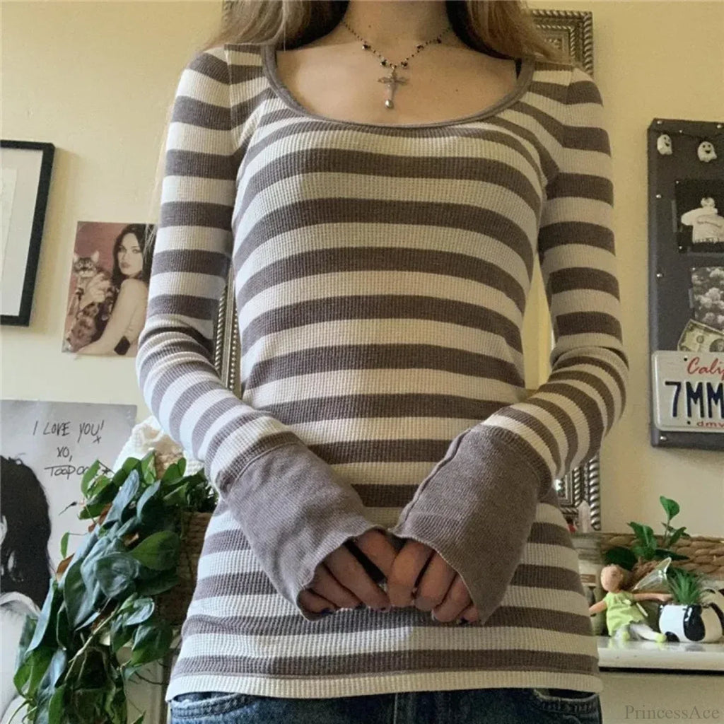 Y2K Grunge Striped Crew Neck Fall Slim Fit Knit Top