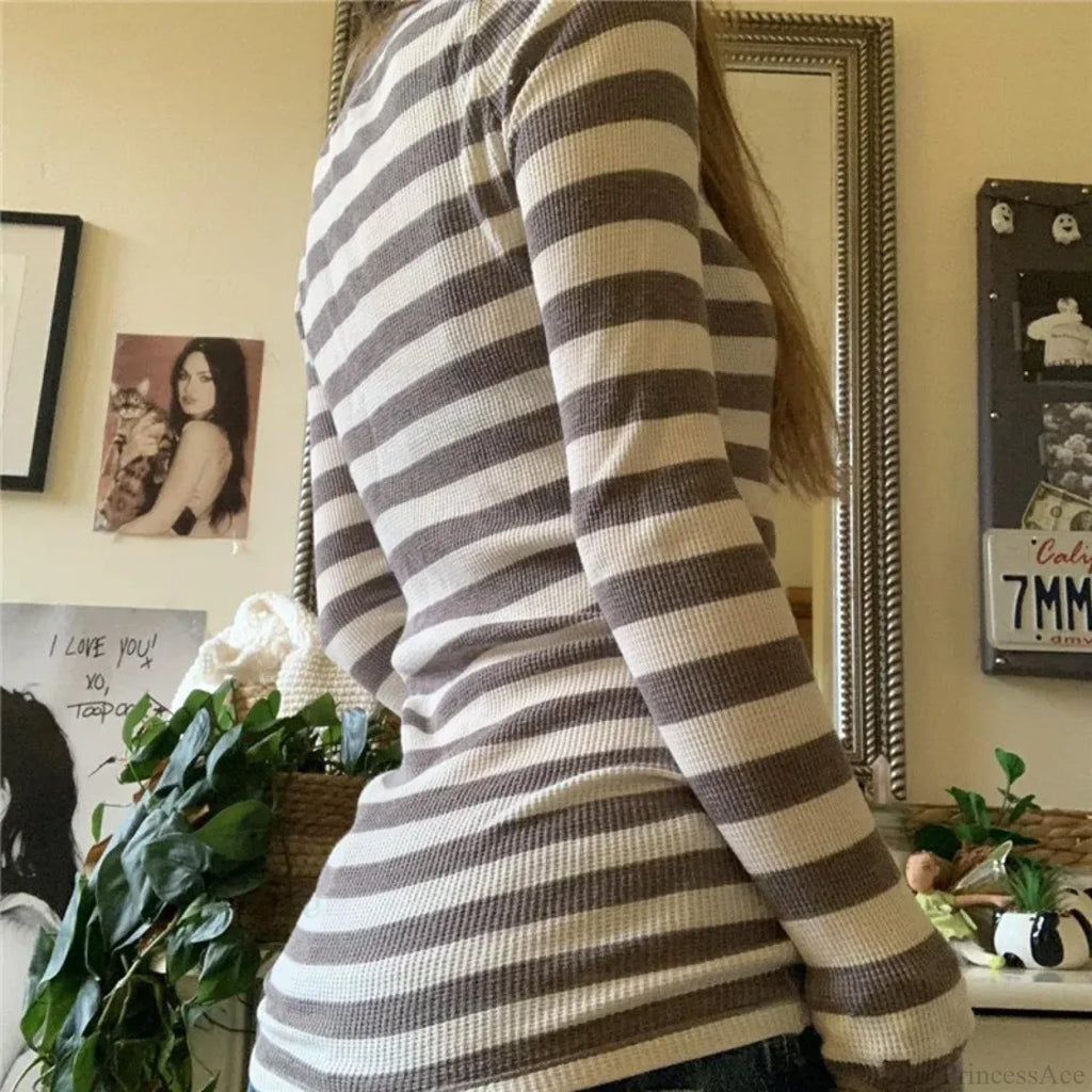 Y2K Grunge Striped Crew Neck Fall Slim Fit Knit Top