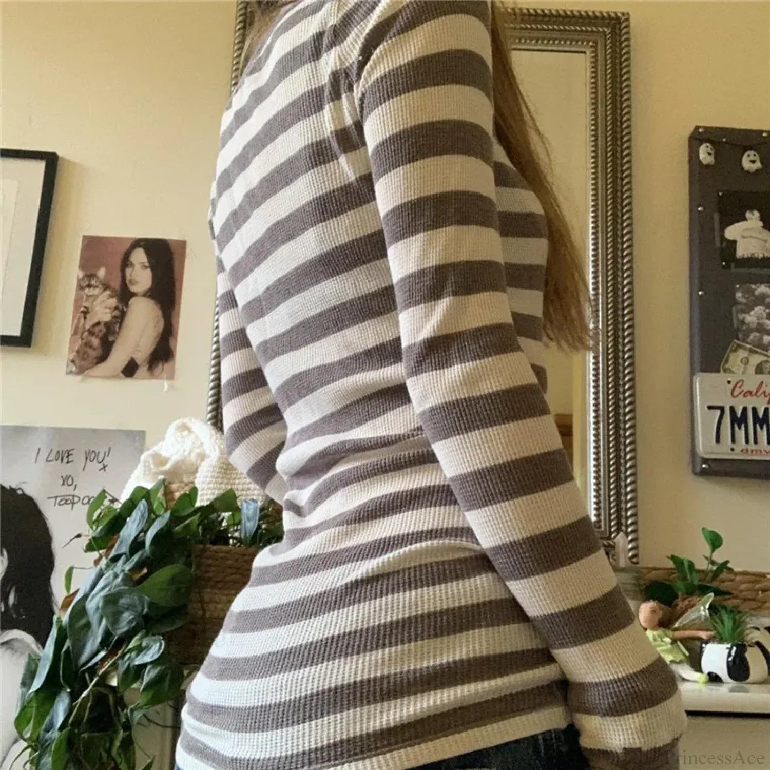 Y2K Grunge Striped Crew Neck Fall Slim Fit Knit Top