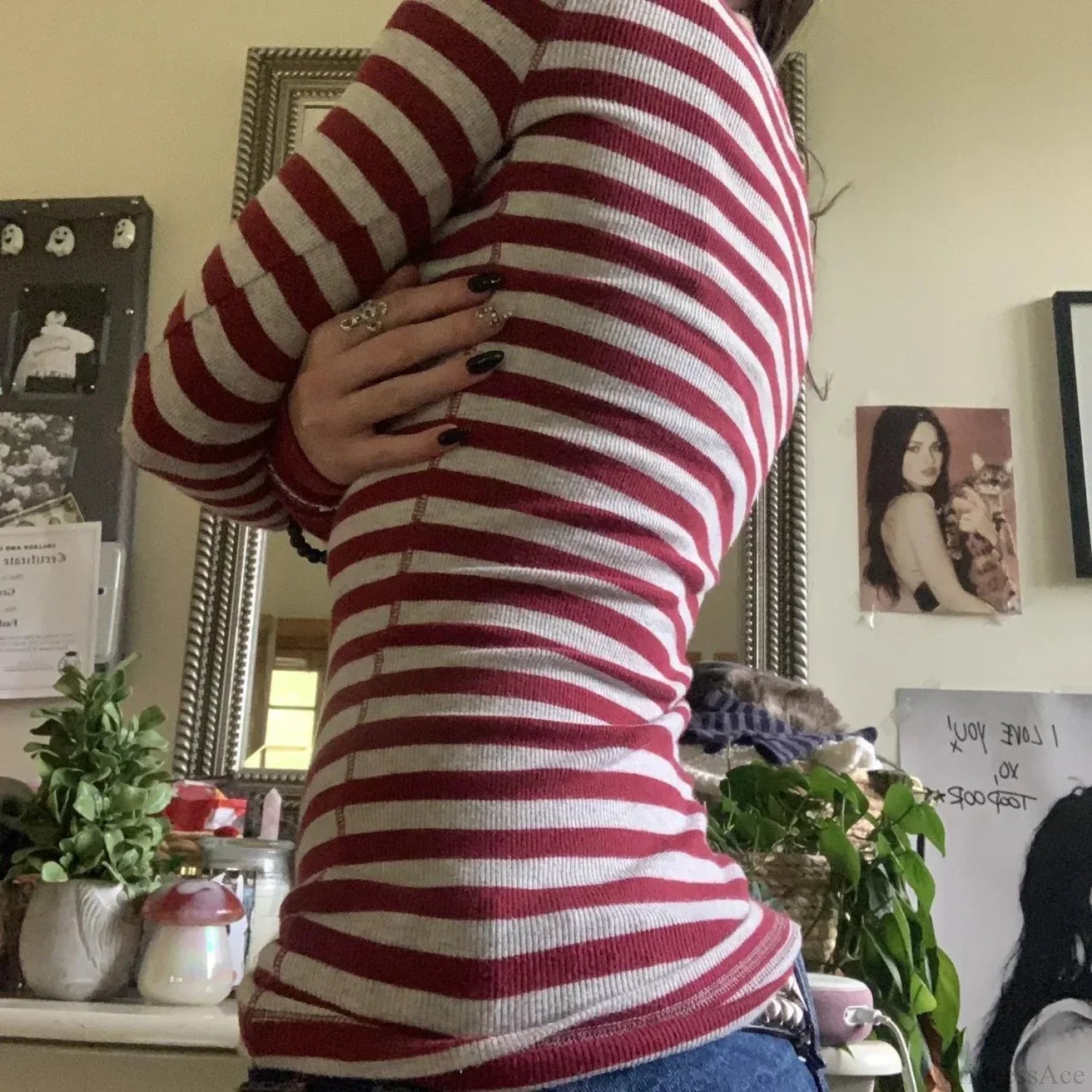 Y2K Grunge Striped Crew Neck Fall Slim Fit Knit Top