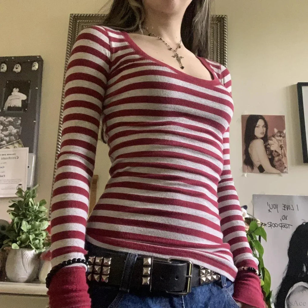 Y2K Grunge Striped Crew Neck Fall Slim Fit Knit Top