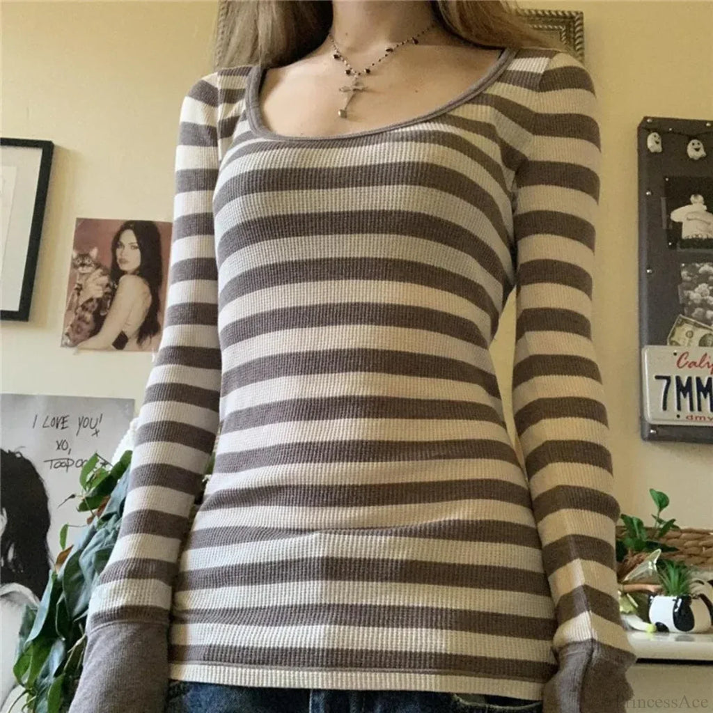 Y2K Grunge Striped Crew Neck Fall Slim Fit Knit Top