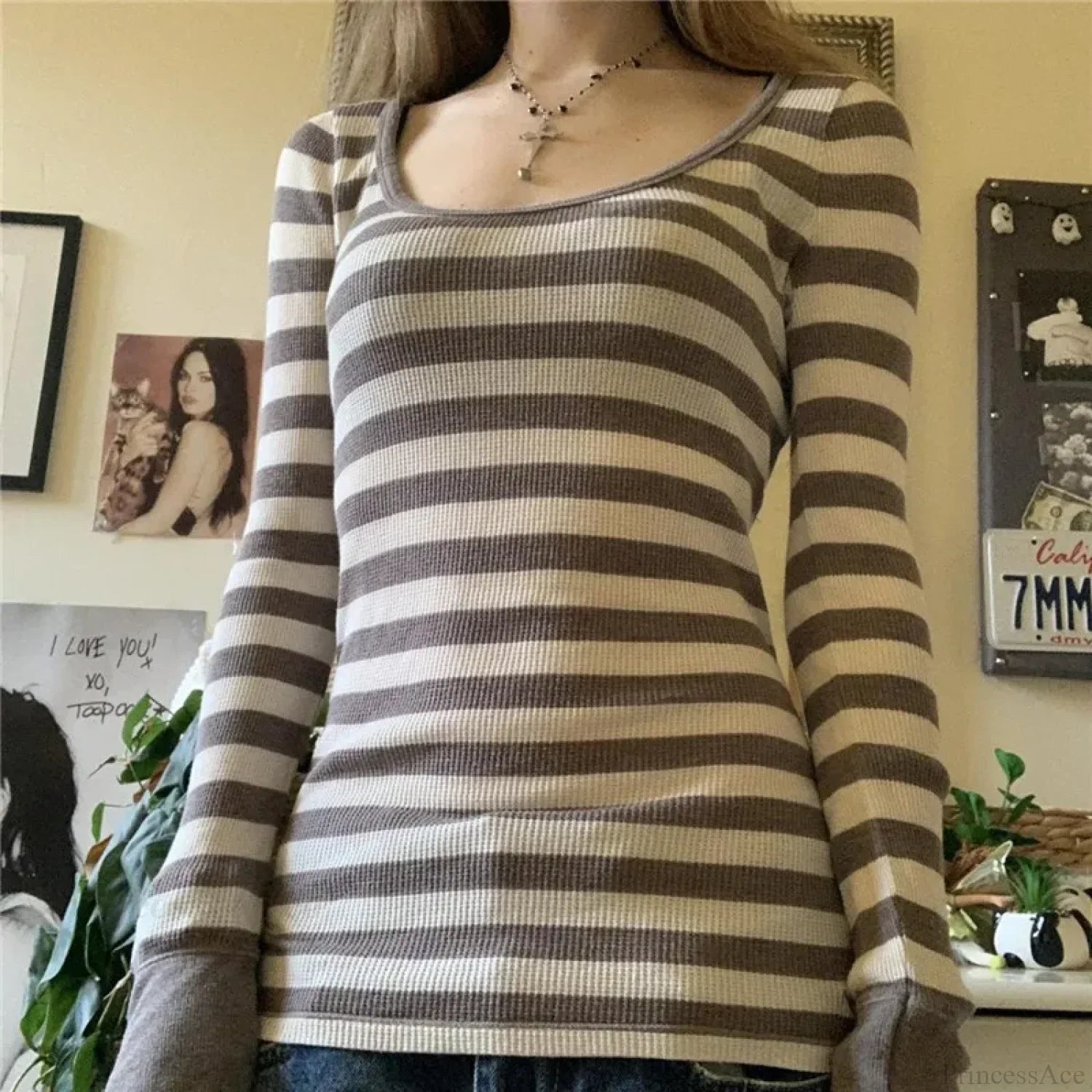 Y2K Grunge Striped Crew Neck Fall Slim Fit Knit Top