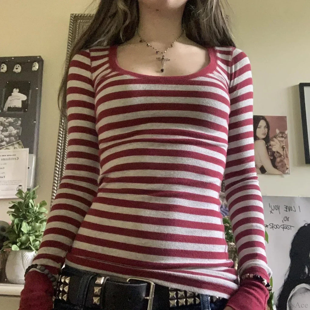 Y2K Grunge Striped Crew Neck Fall Slim Fit Knit Top