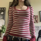 Y2K Grunge Striped Crew Neck Fall Slim Fit Knit Top
