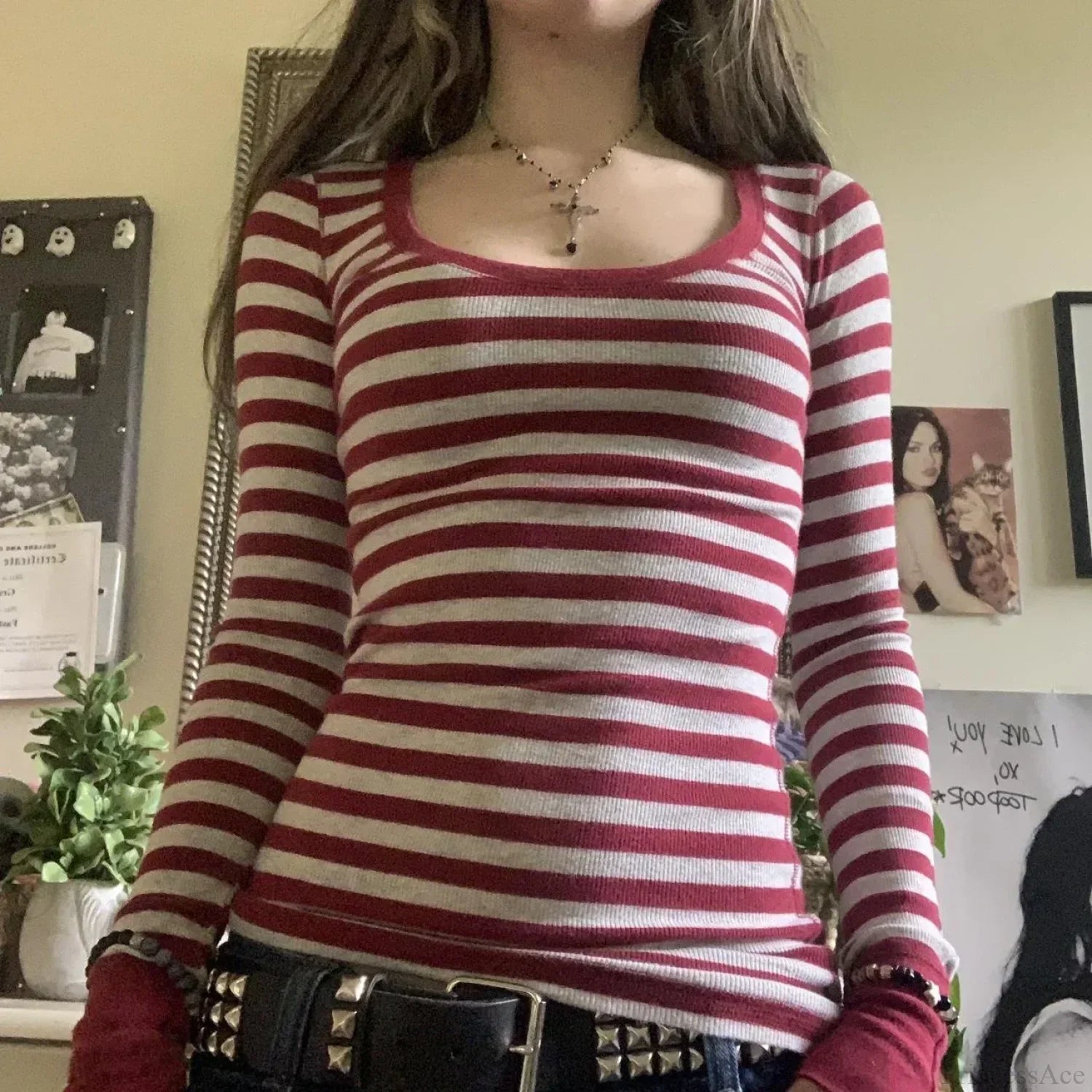 Y2K Grunge Striped Crew Neck Fall Slim Fit Knit Top