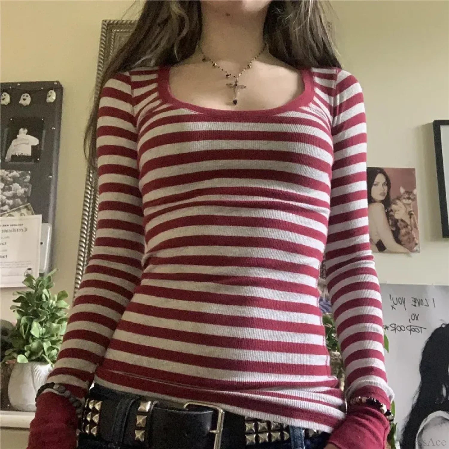 Y2K Grunge Striped Crew Neck Fall Slim Fit Knit Top