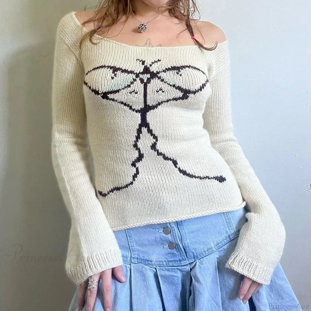 Y2K Off Shoulder Bow Graphic Pullover Knit Top