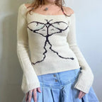 Y2K Off Shoulder Bow Graphic Pullover Knit Top