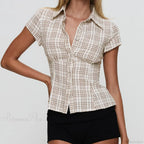 Y2K Plaid Button Down Short Sleeve Blouse