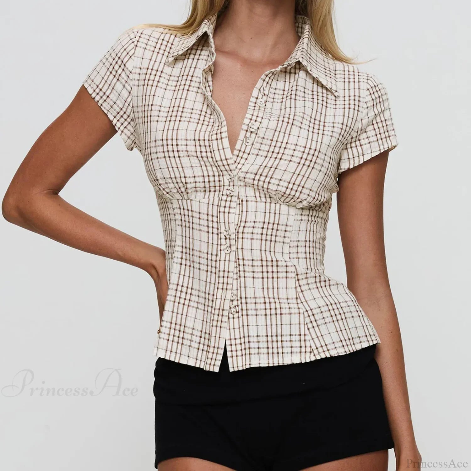 Y2K Plaid Button Down Short Sleeve Blouse