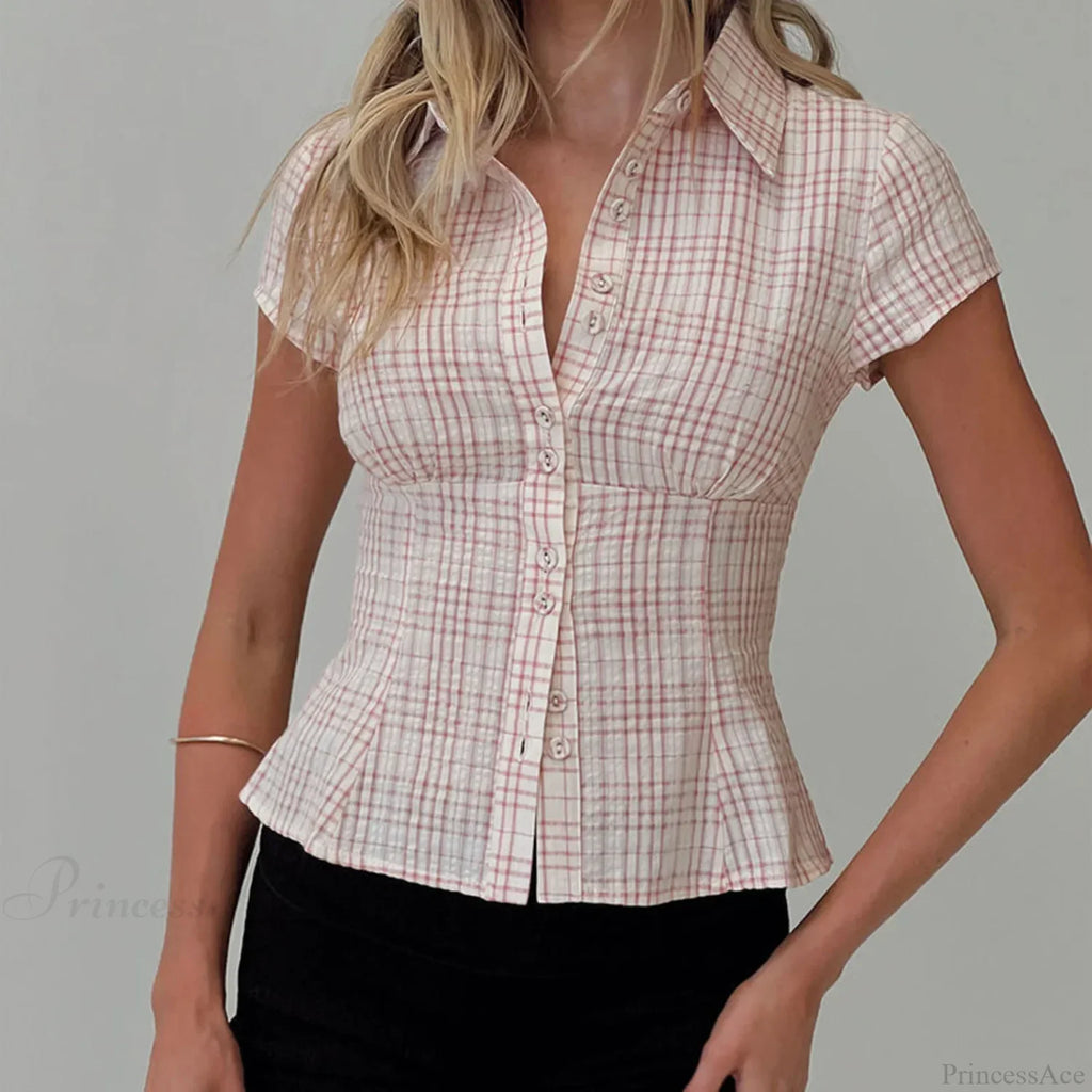 Y2K Plaid Button Down Short Sleeve Blouse