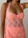 Y2K Retro Lace Sheer Mesh Backless Bandage Halter Crop Top