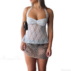 Y2K Retro Lace Sheer Mesh Backless Bandage Halter Crop Top
