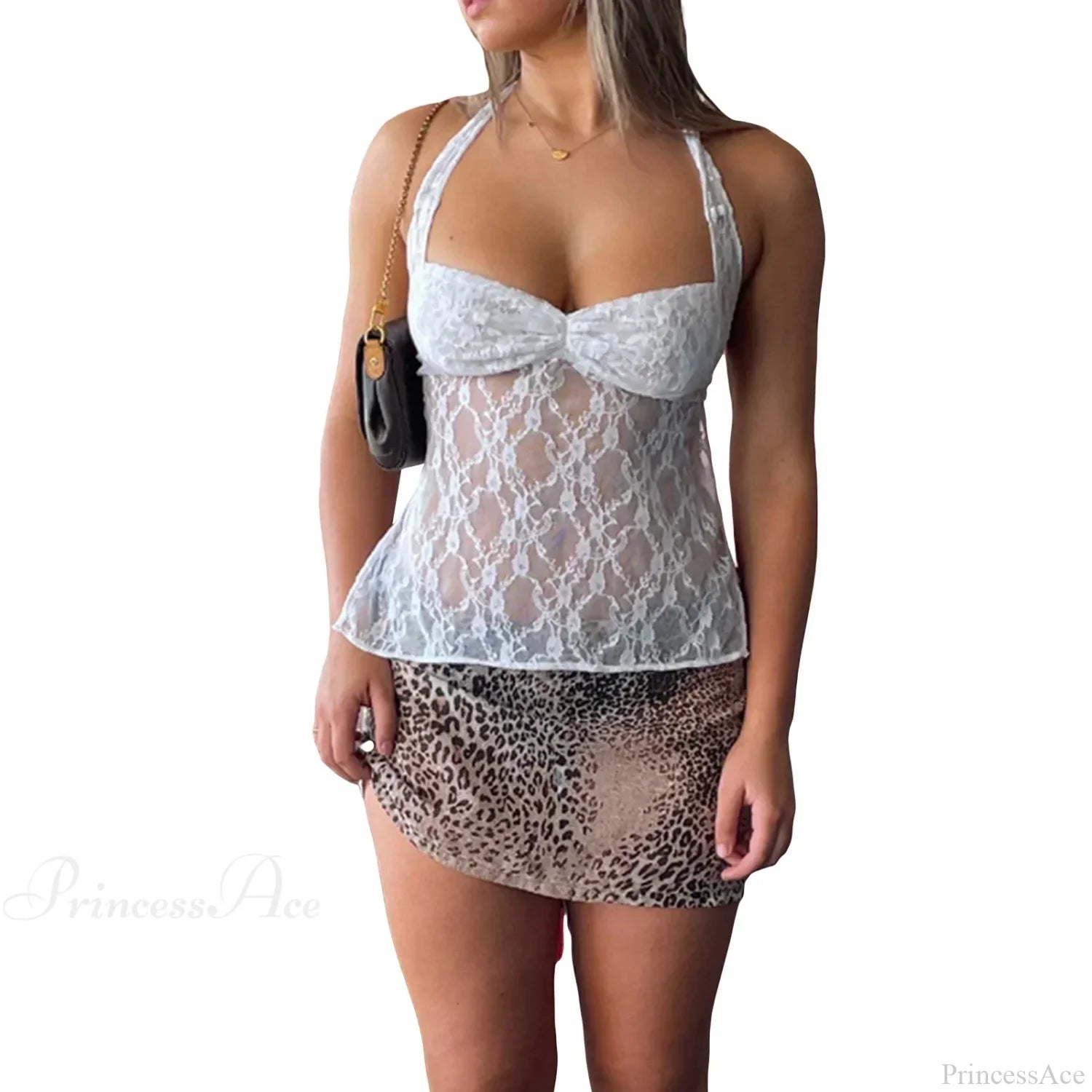 Y2K Retro Lace Sheer Mesh Backless Bandage Halter Crop Top