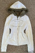 Y2K Solid Fleece Embroidered Letter Zip Hoodie