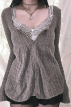 Y2K Sweet Square Neck Cable Knit Button Blouse
