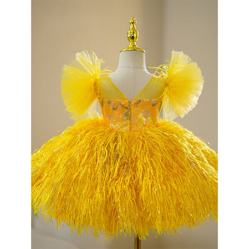 Vestido de primera comunión para niñas pequeñas, amarillo, esponjoso, de princesa 