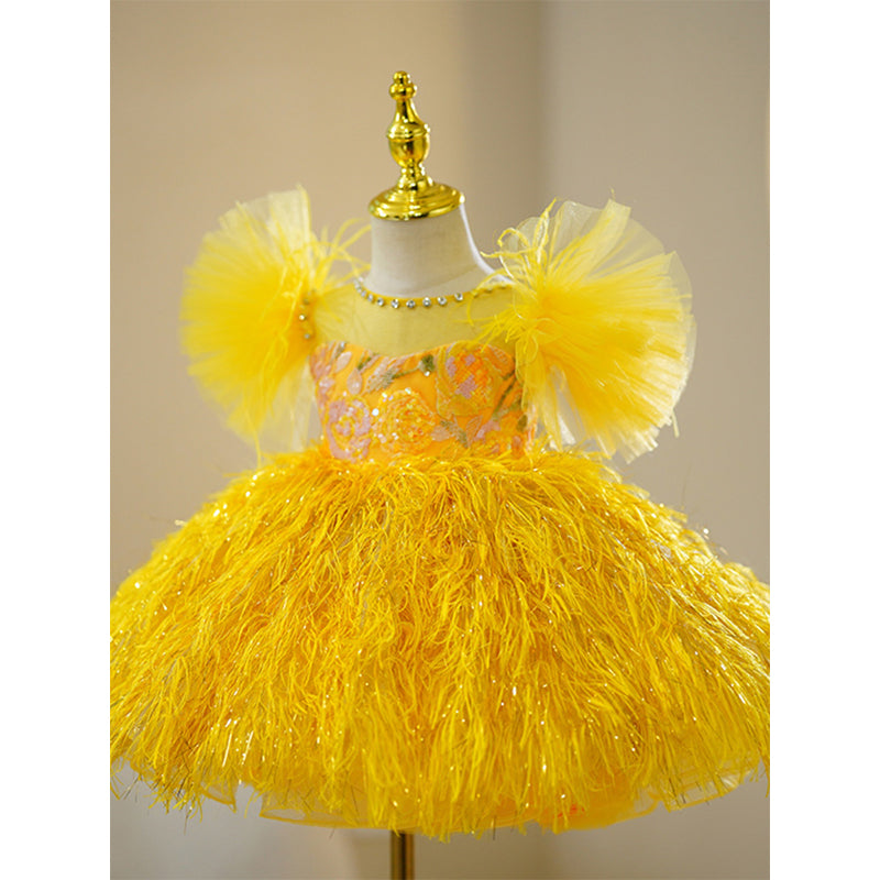 Gelbes, flauschiges Prinzessinnenkleid für Babys und Kleinkinder zur Erstkommunion 