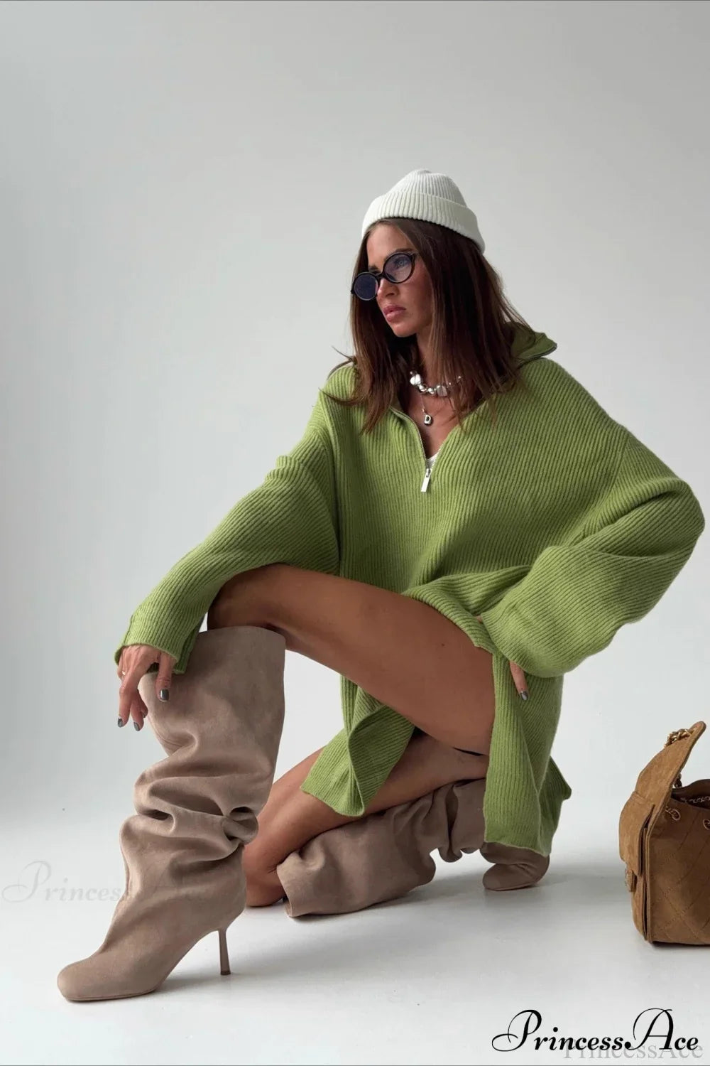 Zip Stand-Collar Thickened Solid Color Loose Sweater